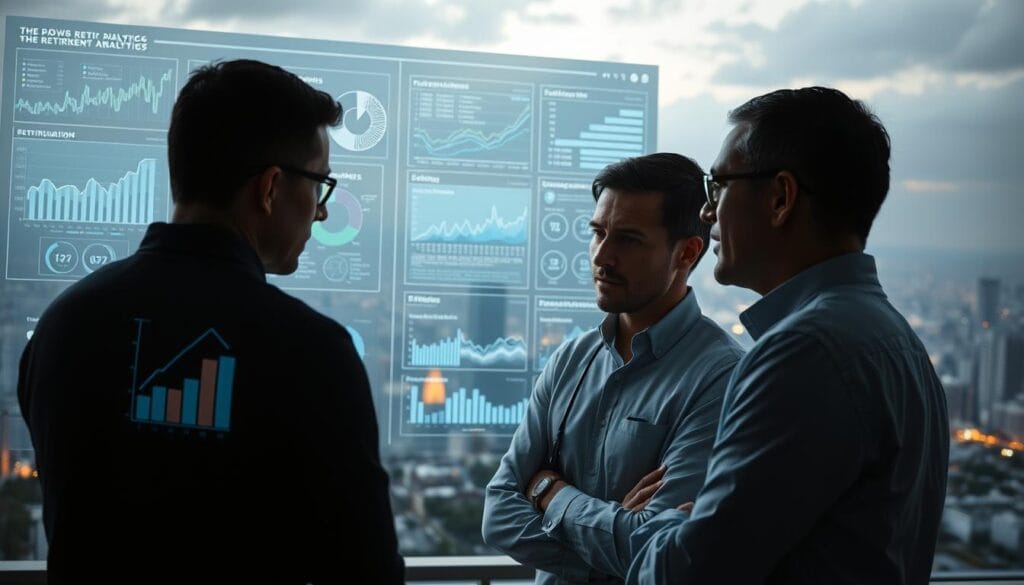 A sophisticated data visualization panel illuminates a futuristic cityscape, showcasing intricate charts, graphs, and AI-powered analytics dashboards. In the foreground, a team of analysts intently studies the predictive models, their expressions reflecting deep concentration. Soft, ambient lighting casts a contemplative glow, while the expansive urban landscape in the background represents the scale and complexity of retirement planning in the year 2025. Sleek, minimalist design elements, coupled with a sense of technological progress, convey the enhanced capabilities of AI-driven predictive analytics in this pivotal financial domain. A sophisticated data visualization panel illuminates a futuristic cityscape, showcasing intricate charts, graphs, and AI-powered analytics dashboards. In the foreground, a team of analysts intently studies the predictive models, their expressions reflecting deep concentration. Soft, ambient lighting casts a contemplative glow, while the expansive urban landscape in the background represents the scale and complexity of retirement planning in the year 2025. Sleek, minimalist design elements, coupled with a sense of technological progress, convey the enhanced capabilities of AI-driven predictive analytics in this pivotal financial domain.