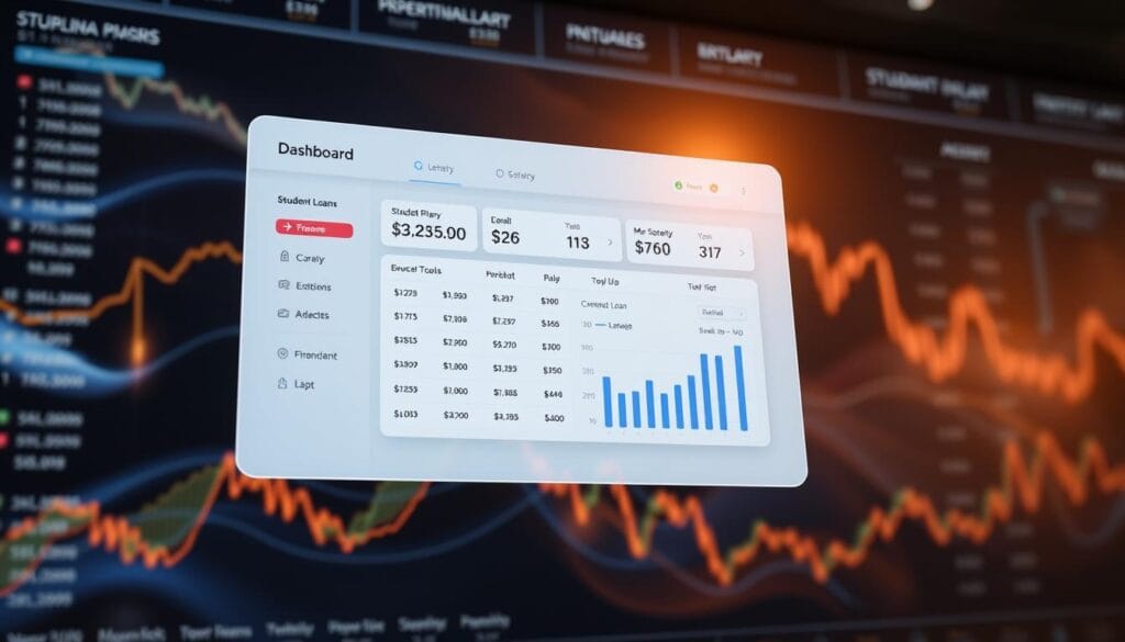 A sophisticated digital dashboard with intuitive loan payment tools floating against a backdrop of flowing financial data. Crisp lines, elegant typography, and a clean, modern aesthetic convey the efficiency and sophistication of the fintech solutions. Warm lighting casts a soft glow, while a subtle depth-of-field effect draws the eye to the primary interface elements. The overall mood is one of streamlined control and empowered financial management for the modern student loan holder. A sophisticated digital dashboard with intuitive loan payment tools floating against a backdrop of flowing financial data. Crisp lines, elegant typography, and a clean, modern aesthetic convey the efficiency and sophistication of the fintech solutions. Warm lighting casts a soft glow, while a subtle depth-of-field effect draws the eye to the primary interface elements. The overall mood is one of streamlined control and empowered financial management for the modern student loan holder.