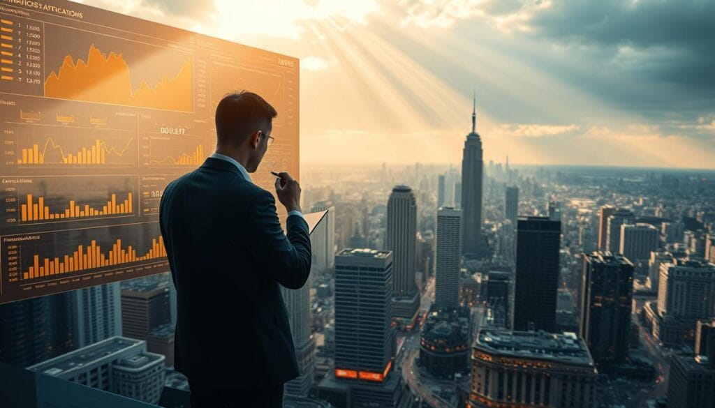 A sophisticated financial dashboard hovers above a cityscape, illuminated by the warm glow of golden data visualizations. In the foreground, a team of analysts scrutinize complex charts and graphs, their expressions focused as they uncover insights to guide strategic decisions. The background depicts the bustling activity of a thriving financial district, skyscrapers and busy streets blending together in a dynamic urban landscape. Subtle rays of light pierce through the clouds, casting a sense of optimism and progress over the scene. The composition conveys the power of AI-driven financial forecasting, seamlessly integrating advanced analytics with the real-world demands of modern business. A sophisticated financial dashboard hovers above a cityscape, illuminated by the warm glow of golden data visualizations. In the foreground, a team of analysts scrutinize complex charts and graphs, their expressions focused as they uncover insights to guide strategic decisions. The background depicts the bustling activity of a thriving financial district, skyscrapers and busy streets blending together in a dynamic urban landscape. Subtle rays of light pierce through the clouds, casting a sense of optimism and progress over the scene. The composition conveys the power of AI-driven financial forecasting, seamlessly integrating advanced analytics with the real-world demands of modern business.