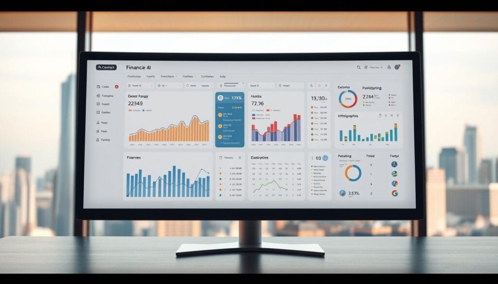A sophisticated financial management platform displayed on a sleek, ultrawide desktop monitor. The interface features intuitive dashboard with interactive graphs, charts, and infographics providing a comprehensive overview of user's financial data. The crisp and minimal UI is bathed in warm, soft lighting, creating a calming and professional atmosphere. In the background, a blurred cityscape with towering skyscrapers symbolizes the platform's enterprise-level capabilities. The overall scene conveys a sense of control, efficiency, and trust in managing one's finances. A sophisticated financial management platform displayed on a sleek, ultrawide desktop monitor. The interface features intuitive dashboard with interactive graphs, charts, and infographics providing a comprehensive overview of user's financial data. The crisp and minimal UI is bathed in warm, soft lighting, creating a calming and professional atmosphere. In the background, a blurred cityscape with towering skyscrapers symbolizes the platform's enterprise-level capabilities. The overall scene conveys a sense of control, efficiency, and trust in managing one's finances.