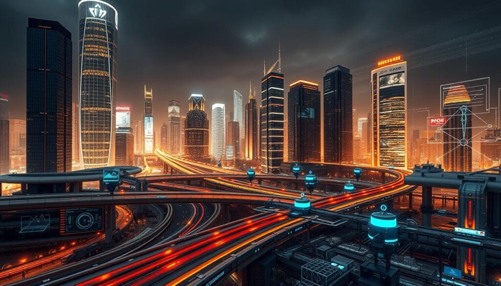 A sophisticated, futuristic cityscape with gleaming skyscrapers and advanced transportation systems. In the foreground, an intricate network of interconnected digital interfaces and dashboards, displaying real-time data analytics and risk mitigation algorithms. In the middle ground, automated systems and robotic processes seamlessly coordinating to identify, assess, and address potential threats. The background is illuminated by a warm, golden glow, conveying a sense of security and technological prowess. The scene is captured through a wide-angle lens, emphasizing the scale and complexity of the automated risk mitigation ecosystem. The overall mood is one of efficiency, innovation, and confidence in the power of technology to safeguard the future. A sophisticated, futuristic cityscape with gleaming skyscrapers and advanced transportation systems. In the foreground, an intricate network of interconnected digital interfaces and dashboards, displaying real-time data analytics and risk mitigation algorithms. In the middle ground, automated systems and robotic processes seamlessly coordinating to identify, assess, and address potential threats. The background is illuminated by a warm, golden glow, conveying a sense of security and technological prowess. The scene is captured through a wide-angle lens, emphasizing the scale and complexity of the automated risk mitigation ecosystem. The overall mood is one of efficiency, innovation, and confidence in the power of technology to safeguard the future.