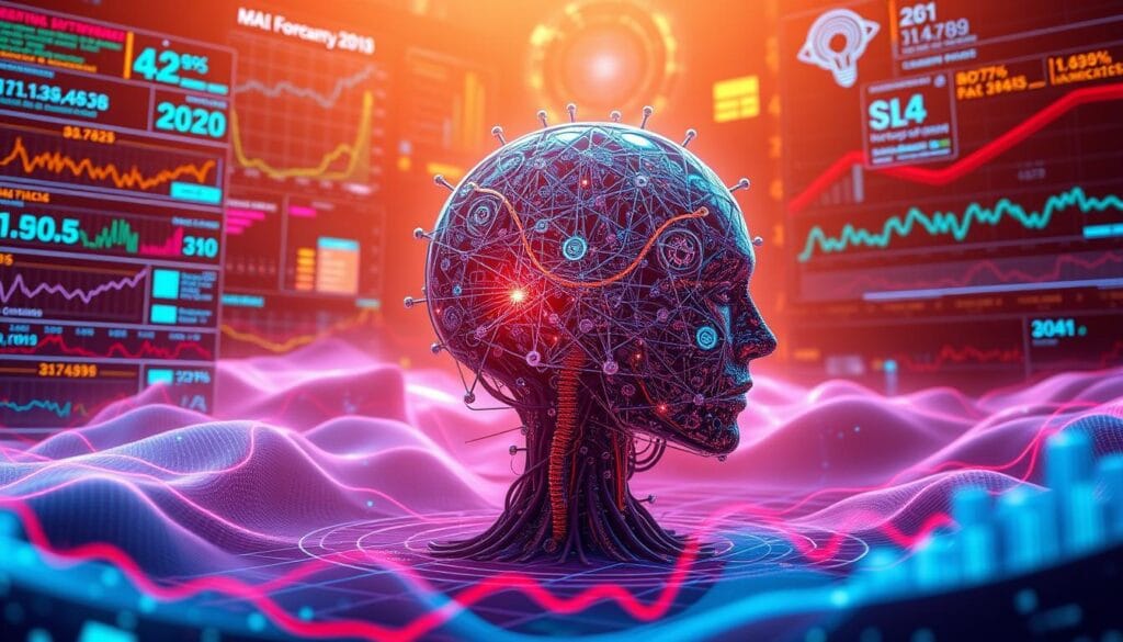 A sophisticated machine learning model, rendered in intricate detail, stands at the center of the frame. Its inner workings are visible, displaying a complex network of neural connections and data streams. Surrounding it, a vibrant landscape of colorful charts, graphs, and statistical visualizations illustrates the model's forecasting capabilities, with fluctuating lines and curves depicting the accuracy and precision of its predictive insights. The overall scene is bathed in a soft, warm light, creating a sense of depth and atmosphere that conveys the power and potential of AI-driven forecasting. A sophisticated machine learning model, rendered in intricate detail, stands at the center of the frame. Its inner workings are visible, displaying a complex network of neural connections and data streams. Surrounding it, a vibrant landscape of colorful charts, graphs, and statistical visualizations illustrates the model's forecasting capabilities, with fluctuating lines and curves depicting the accuracy and precision of its predictive insights. The overall scene is bathed in a soft, warm light, creating a sense of depth and atmosphere that conveys the power and potential of AI-driven forecasting.