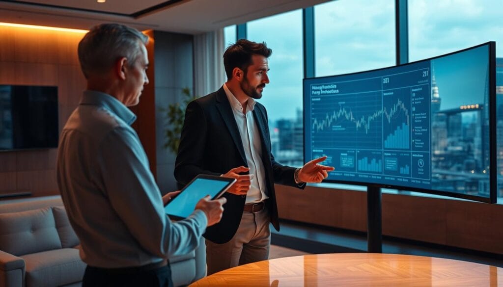 A sophisticated office setting with a financial advisor and client, illuminated by warm, directional lighting. In the foreground, the advisor gestures animatedly, tablet in hand, as they review AI-generated financial projections on a large, curved display. The client, leaning in attentively, observes the personalized recommendations with rapt interest. In the background, sleek, minimalist decor and a panoramic window overlooking a bustling cityscape, creating a sense of futuristic, tech-enabled wealth management. The scene conveys a seamless, AI-enhanced client experience, blending human expertise with innovative digital tools. A sophisticated office setting with a financial advisor and client, illuminated by warm, directional lighting. In the foreground, the advisor gestures animatedly, tablet in hand, as they review AI-generated financial projections on a large, curved display. The client, leaning in attentively, observes the personalized recommendations with rapt interest. In the background, sleek, minimalist decor and a panoramic window overlooking a bustling cityscape, creating a sense of futuristic, tech-enabled wealth management. The scene conveys a seamless, AI-enhanced client experience, blending human expertise with innovative digital tools.
