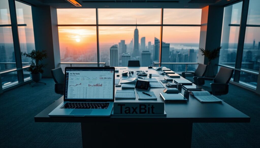 A spacious, well-lit office interior with a modern, minimalist aesthetic. In the foreground, a sleek, silver laptop is open, displaying detailed financial reports and cryptocurrency transaction data. The middle ground features a prominent desk with a nameplate that reads "TaxBit" - a leading enterprise-grade crypto tax compliance software. Arrayed on the desk are various documents, tablets, and other financial paraphernalia. In the background, large windows offer a panoramic view of a thriving metropolitan skyline, bathed in the warm glow of the setting sun. The overall scene conveys a sense of professionalism, technological sophistication, and a commitment to reliable, end-to-end crypto tax solutions for businesses.