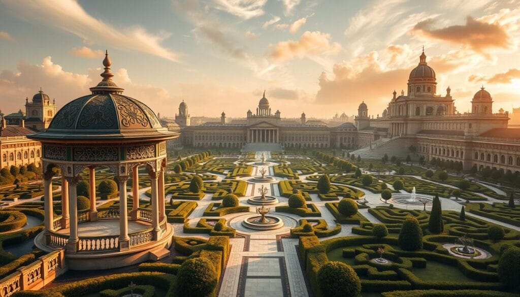 A sprawling, architectural landscape depicting intricate "trust structures" and "gift strategies" for estate tax planning in 2025. In the foreground, a grand, ornate gazebo with swooping columns and ornate filigree detailing serves as the centerpiece. Surrounding it, a maze-like network of interconnected pathways, bridges, and mini-pavilions in a classical, neo-Renaissance style. The middle ground features meticulously manicured hedges, topiaries, and fountains, guiding the eye towards the background. There, a series of imposing, multi-tiered buildings with domes, arched windows, and ornate facades rise up, casting long shadows across the scene. Warm, golden-hour lighting filters through wispy clouds, imbuing the entire composition with a sense of grandeur, legacy, and careful, strategic planning. A sprawling, architectural landscape depicting intricate "trust structures" and "gift strategies" for estate tax planning in 2025. In the foreground, a grand, ornate gazebo with swooping columns and ornate filigree detailing serves as the centerpiece. Surrounding it, a maze-like network of interconnected pathways, bridges, and mini-pavilions in a classical, neo-Renaissance style. The middle ground features meticulously manicured hedges, topiaries, and fountains, guiding the eye towards the background. There, a series of imposing, multi-tiered buildings with domes, arched windows, and ornate facades rise up, casting long shadows across the scene. Warm, golden-hour lighting filters through wispy clouds, imbuing the entire composition with a sense of grandeur, legacy, and careful, strategic planning.