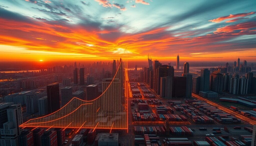 A sprawling cityscape against a vibrant sunset sky, with a central focus on a massive blockchain network representation. In the foreground, a graphic display showcases exponential growth curves and market data, bathed in warm, golden lighting. The middle ground features streamlined supply chain logistics, automated transactions, and secure data transfers. In the background, towering skyscrapers, bustling ports, and busy transportation hubs symbolize the dynamic global economy enabled by blockchain technology. Subtle lens flares and a sense of depth create an immersive, cinematic atmosphere, capturing the transformative potential of blockchain in supply chain finance. A sprawling cityscape against a vibrant sunset sky, with a central focus on a massive blockchain network representation. In the foreground, a graphic display showcases exponential growth curves and market data, bathed in warm, golden lighting. The middle ground features streamlined supply chain logistics, automated transactions, and secure data transfers. In the background, towering skyscrapers, bustling ports, and busy transportation hubs symbolize the dynamic global economy enabled by blockchain technology. Subtle lens flares and a sense of depth create an immersive, cinematic atmosphere, capturing the transformative potential of blockchain in supply chain finance.
