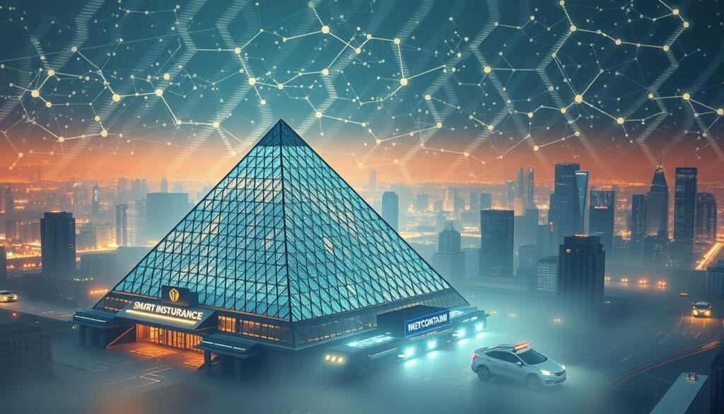 A sprawling cityscape of interconnected blockchain nodes, their shifting hexagonal patterns illuminating the skyline. In the foreground, a towering glass pyramid housing a decentralized insurance hub, its facade adorned with intricate smart contract diagrams. Surrounding it, autonomous vehicles ferry policyholders, their transactions secured by distributed ledgers. The mood is one of innovation and promise, where the future of insurance is being built on the foundations of peer-to-peer collaboration and cryptographic trust. Soft, warm lighting casts a futuristic glow, while a hazy, atmospheric depth of field suggests the vastness of this blockchain-powered revolution. A sprawling cityscape of interconnected blockchain nodes, their shifting hexagonal patterns illuminating the skyline. In the foreground, a towering glass pyramid housing a decentralized insurance hub, its facade adorned with intricate smart contract diagrams. Surrounding it, autonomous vehicles ferry policyholders, their transactions secured by distributed ledgers. The mood is one of innovation and promise, where the future of insurance is being built on the foundations of peer-to-peer collaboration and cryptographic trust. Soft, warm lighting casts a futuristic glow, while a hazy, atmospheric depth of field suggests the vastness of this blockchain-powered revolution.