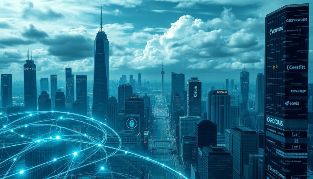 A sprawling cityscape of towering skyscrapers and bustling streets, rendered in a sleek, futuristic aesthetic. In the foreground, a network of digital infrastructure - servers, cables, and cutting-edge security systems - intertwine, casting an eerie glow. The midground showcases a diverse array of cyber insurance providers, their logos and branding prominently displayed, while the background depicts a cloud-covered sky, hinting at the ever-evolving risks and uncertainties of the digital landscape. The scene is bathed in a cool, blue-tinted lighting, conveying a sense of technological sophistication and the high-stakes nature of the cyber insurance industry in the year 2025. A sprawling cityscape of towering skyscrapers and bustling streets, rendered in a sleek, futuristic aesthetic. In the foreground, a network of digital infrastructure - servers, cables, and cutting-edge security systems - intertwine, casting an eerie glow. The midground showcases a diverse array of cyber insurance providers, their logos and branding prominently displayed, while the background depicts a cloud-covered sky, hinting at the ever-evolving risks and uncertainties of the digital landscape. The scene is bathed in a cool, blue-tinted lighting, conveying a sense of technological sophistication and the high-stakes nature of the cyber insurance industry in the year 2025.