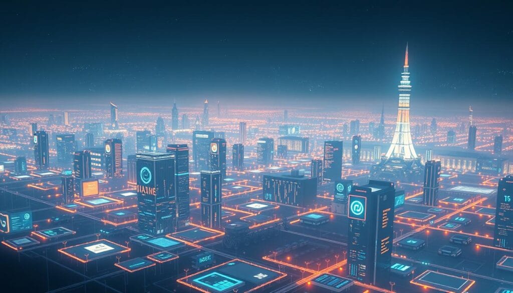 A sprawling digital landscape, illuminated by the glow of displays and interfaces. In the foreground, sleek, modular insurance models stand as pillars of the modern marketplace - customizable policies, AI-driven analytics, and seamless customer experiences. In the middle ground, a tapestry of interconnected platforms, each offering a unique approach to insurance in the digital age. The background bathes in a soft, futuristic light, hinting at the endless possibilities of this evolving industry. Crisp, high-resolution render with a cinematic, almost holographic feel, capturing the dynamism and innovation of the digital insurance models.