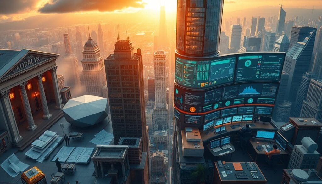 A sprawling financial cityscape unfolds, split down the middle. On the left, an ornate bank building and a team of analysts poring over ledgers, papers, and chalkboards - the traditional methods of risk management. On the right, a sleek, modern tower housing a control room of analysts monitoring live data feeds, algorithms, and AI-powered dashboards - the new data-driven approach. Warm, golden light filters through from the left, while the right is bathed in a cool, blue glow. The two halves converge at the center, showcasing the transition from old to new, analog to digital, in the world of portfolio risk management. A sprawling financial cityscape unfolds, split down the middle. On the left, an ornate bank building and a team of analysts poring over ledgers, papers, and chalkboards - the traditional methods of risk management. On the right, a sleek, modern tower housing a control room of analysts monitoring live data feeds, algorithms, and AI-powered dashboards - the new data-driven approach. Warm, golden light filters through from the left, while the right is bathed in a cool, blue glow. The two halves converge at the center, showcasing the transition from old to new, analog to digital, in the world of portfolio risk management.