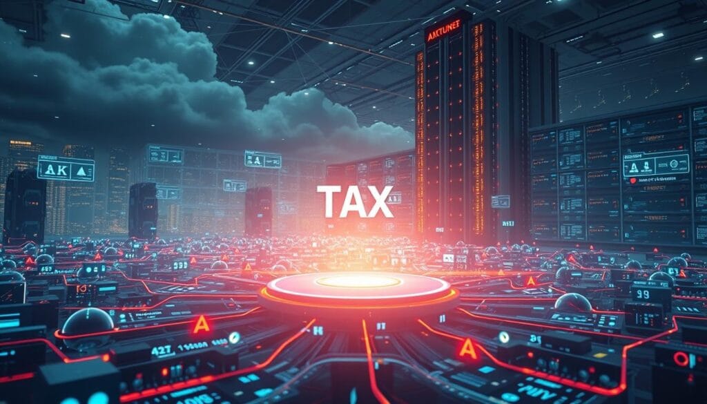 A sprawling, futuristic landscape of tax technology, illuminated by the soft glow of holographic displays and digital interfaces. In the foreground, a sleek, AI-powered audit prediction tool hovers amidst a cluster of adaptive algorithms and machine learning models. The midground features a network of interconnected platforms, each dedicated to automating tax compliance, analytics, and planning. In the background, a towering data center anchors the scene, its servers humming with the steady pulse of ever-evolving tax codes and regulations. The overall atmosphere is one of innovation, efficiency, and a sense of the transformative power of technology within the realm of taxation.