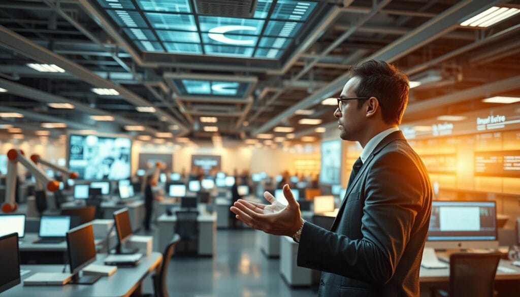A sprawling insurance office, illuminated by the warm glow of holographic displays. In the foreground, a claims agent in a crisp suit gestures animatedly, navigating an intuitive AI-powered interface. Behind them, a panoramic view of the bustling claims processing center, with robotic arms efficiently sorting through files and algorithms seamlessly cross-referencing data. The atmosphere is one of efficiency and innovation, with a subtle hint of futuristic wonder. A wide-angle lens captures the scene, showcasing the seamless integration of cutting-edge technology and human expertise. A sprawling insurance office, illuminated by the warm glow of holographic displays. In the foreground, a claims agent in a crisp suit gestures animatedly, navigating an intuitive AI-powered interface. Behind them, a panoramic view of the bustling claims processing center, with robotic arms efficiently sorting through files and algorithms seamlessly cross-referencing data. The atmosphere is one of efficiency and innovation, with a subtle hint of futuristic wonder. A wide-angle lens captures the scene, showcasing the seamless integration of cutting-edge technology and human expertise.