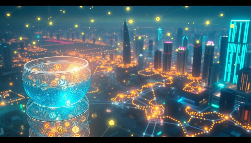 A sprawling, interconnected mesh of vibrant crypto tokens, liquidity pools, and decentralized exchanges, bathed in a soft, iridescent glow. In the foreground, a series of stacked, transparent liquidity pools, their depths filled with a swirling array of digital assets. The middle ground features a network of glowing cryptocurrency icons, linked by a web of shimmering transaction paths. In the background, a hazy, neon-lit cityscape of futuristic skyscrapers and towering data centers, symbolizing the decentralized, global nature of DeFi. The scene conveys a sense of technological sophistication, financial fluidity, and the power of decentralized finance to reshape the traditional banking landscape. A sprawling, interconnected mesh of vibrant crypto tokens, liquidity pools, and decentralized exchanges, bathed in a soft, iridescent glow. In the foreground, a series of stacked, transparent liquidity pools, their depths filled with a swirling array of digital assets. The middle ground features a network of glowing cryptocurrency icons, linked by a web of shimmering transaction paths. In the background, a hazy, neon-lit cityscape of futuristic skyscrapers and towering data centers, symbolizing the decentralized, global nature of DeFi. The scene conveys a sense of technological sophistication, financial fluidity, and the power of decentralized finance to reshape the traditional banking landscape.