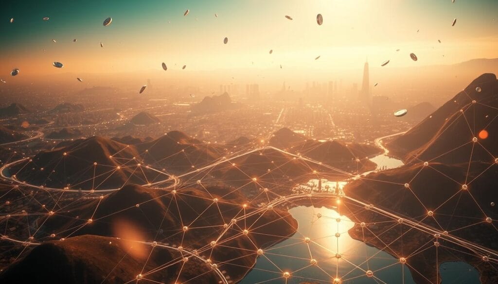 A sprawling landscape of interconnected liquidity pools, each representing a vibrant DeFi ecosystem. In the foreground, governance tokens float ethereally, their value fluctuating as traders interact with the pools. The middle ground features a complex network of lines and curves, symbolizing the intricate flows of capital. In the background, a hazy, futuristic cityscape serves as a backdrop, hinting at the vast potential of this decentralized finance revolution. The scene is bathed in a warm, golden light, conveying a sense of prosperity and growth. Subtle lens flares add depth and a dreamlike quality to the overall composition. A sprawling landscape of interconnected liquidity pools, each representing a vibrant DeFi ecosystem. In the foreground, governance tokens float ethereally, their value fluctuating as traders interact with the pools. The middle ground features a complex network of lines and curves, symbolizing the intricate flows of capital. In the background, a hazy, futuristic cityscape serves as a backdrop, hinting at the vast potential of this decentralized finance revolution. The scene is bathed in a warm, golden light, conveying a sense of prosperity and growth. Subtle lens flares add depth and a dreamlike quality to the overall composition.
