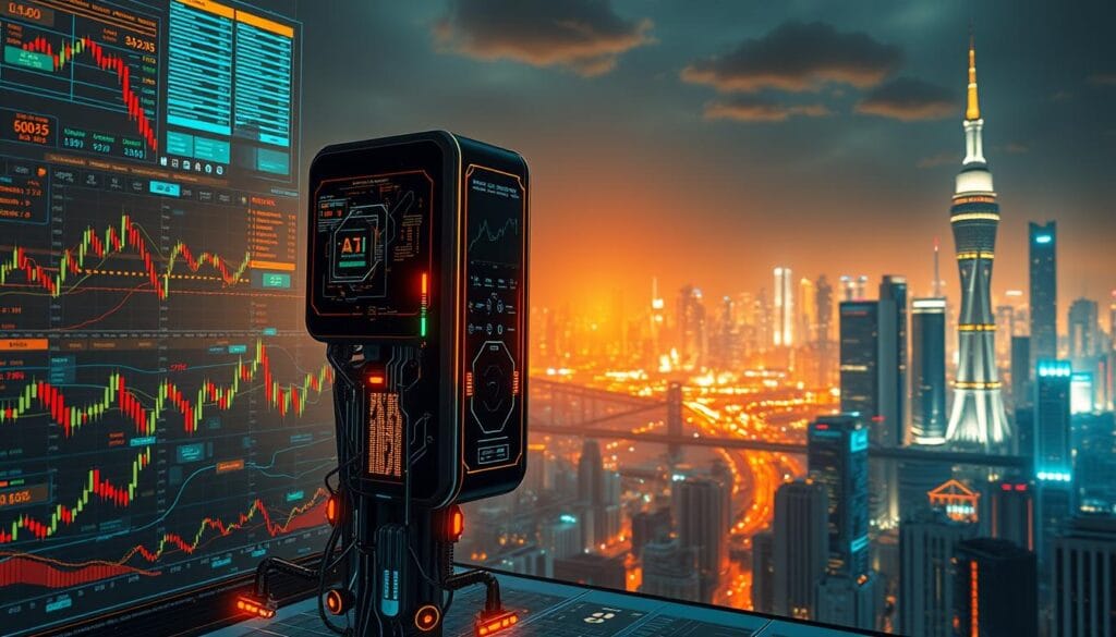 A state-of-the-art AI trading algorithm, represented by a sleek, futuristic machine with glowing circuits and holographic displays, stands at the center of a dynamic financial landscape. The foreground showcases intricate stock charts, candlestick patterns, and real-time data streams. In the middle ground, a network of interconnected nodes and algorithms pulses with algorithmic activity, while the background depicts a cityscape of towering skyscrapers and a vibrant, neon-lit skyline. Warm, directional lighting casts dramatic shadows, conveying a sense of power and precision in the high-stakes world of algorithmic trading.