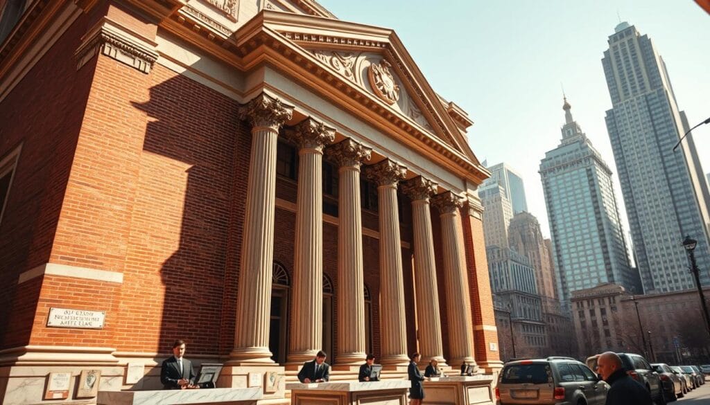 A stately brick building with grand columns and ornate architectural details stands tall against a backdrop of a bustling city skyline. The imposing structure exudes a sense of solidity and tradition, its exterior adorned with the emblems of a well-established financial institution. The interior is filled with the hum of activity, with tellers in pristine uniforms assisting customers at polished marble counters. Sunlight streams through tall windows, casting a warm glow over the scene, reinforcing the aura of stability and reliability that permeates the traditional banking system. The overall impression is one of timeless authority and unwavering trust in the established financial order. A stately brick building with grand columns and ornate architectural details stands tall against a backdrop of a bustling city skyline. The imposing structure exudes a sense of solidity and tradition, its exterior adorned with the emblems of a well-established financial institution. The interior is filled with the hum of activity, with tellers in pristine uniforms assisting customers at polished marble counters. Sunlight streams through tall windows, casting a warm glow over the scene, reinforcing the aura of stability and reliability that permeates the traditional banking system. The overall impression is one of timeless authority and unwavering trust in the established financial order.