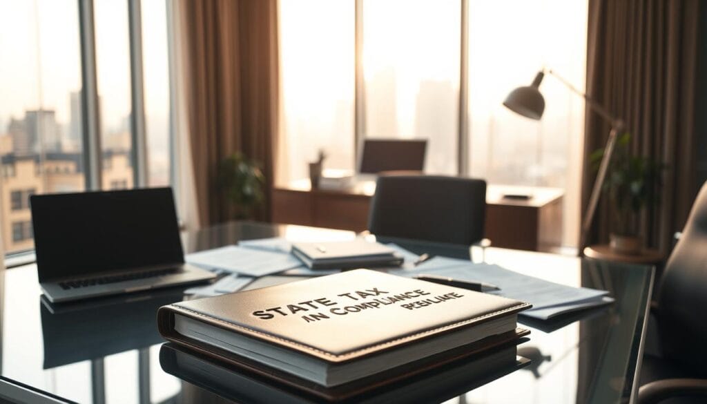 A stately office with floor-to-ceiling windows, bathed in warm, ambient lighting. On a sleek, glass-top desk, various tax forms and documents are neatly arranged, accompanied by a laptop, pen, and a modern desk lamp. In the foreground, a leather-bound binder with "STATE TAX COMPLIANCE" embossed on the cover takes center stage, conveying a sense of order and professionalism. The background features a cityscape skyline, hinting at the global context of the scene. The overall mood is one of efficiency, attention to detail, and a commitment to navigating the complexities of state-level taxation for the modern, internationally-mobile professional. A stately office with floor-to-ceiling windows, bathed in warm, ambient lighting. On a sleek, glass-top desk, various tax forms and documents are neatly arranged, accompanied by a laptop, pen, and a modern desk lamp. In the foreground, a leather-bound binder with "STATE TAX COMPLIANCE" embossed on the cover takes center stage, conveying a sense of order and professionalism. The background features a cityscape skyline, hinting at the global context of the scene. The overall mood is one of efficiency, attention to detail, and a commitment to navigating the complexities of state-level taxation for the modern, internationally-mobile professional.