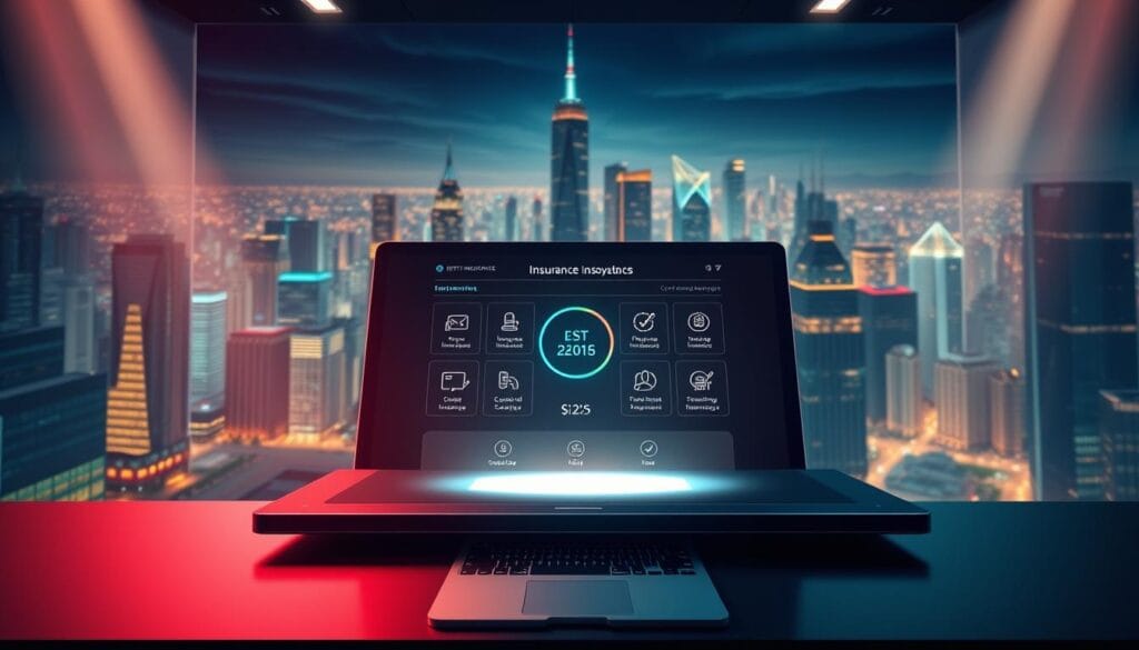 A striking digital illustration depicting the 'Best Digital Insurance Platforms 2025'. In the foreground, a sleek, modern interface showcases intuitive insurance plan selection and management tools. The middle ground features stylized icons representing key insurance coverage types, while the background depicts a vibrant cityscape, symbolizing the widespread adoption of these online platforms. The overall scene conveys a sense of innovation, convenience, and comprehensive insurance solutions tailored for the digital age. Lighting is soft and balanced, with a subtle glow emanating from the central interface. The camera angle is slightly elevated, providing an immersive, bird's-eye perspective.