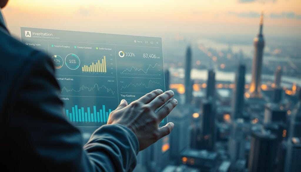 A striking digital illustration of AI-powered investment tools, featuring a sleek dashboard interface with interactive charts, graphs, and data visualizations. In the foreground, a user interacts with the system, their hands gliding across a holographic display. The background showcases a serene cityscape, bathed in a warm, futuristic glow. The scene conveys a sense of technological sophistication and effortless control over one's financial future. Crisp, high-resolution details, a cinematic depth of field, and a subtle color palette create an aesthetically pleasing and immersive visual experience.