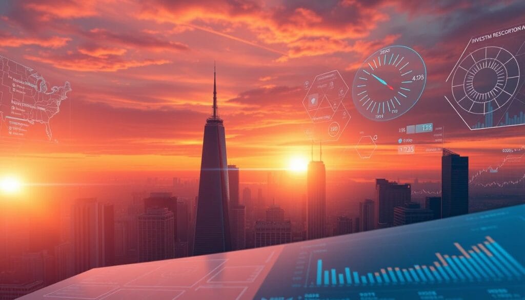 A striking digital illustration showcasing an immersive investment platform interface. In the foreground, a sleek dashboard with intuitive financial analytics and charting tools, bathed in a warm, futuristic glow. In the middle ground, a panoramic view of a bustling financial district, skyscrapers piercing a vibrant, sunrise-tinted sky. In the background, a series of advanced, interconnected data visualizations, pulsing with real-time market insights. The composition evokes a sense of technological sophistication, seamless user experience, and the promise of effortless wealth generation in the year 2025. A striking digital illustration showcasing an immersive investment platform interface. In the foreground, a sleek dashboard with intuitive financial analytics and charting tools, bathed in a warm, futuristic glow. In the middle ground, a panoramic view of a bustling financial district, skyscrapers piercing a vibrant, sunrise-tinted sky. In the background, a series of advanced, interconnected data visualizations, pulsing with real-time market insights. The composition evokes a sense of technological sophistication, seamless user experience, and the promise of effortless wealth generation in the year 2025.