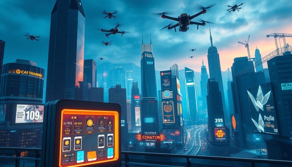 A striking futuristic cityscape at night, with prominent skyscrapers and glowing holograms showcasing cryptocurrency payment platforms. In the foreground, a digital kiosk displays various mobile payment apps, their interfaces illuminated by a warm, neon glow. Overhead, a network of hovering drones and autonomous vehicles symbolize the seamless integration of cryptocurrency into everyday transactions. The background is filled with a vibrant, holographic skyline, with virtual billboards and advertisements promoting the latest advancements in decentralized finance. The scene is bathed in a cool, blue-hued lighting, creating an atmospheric, high-tech ambiance that captures the essence of cryptocurrency payment solutions in the year 2025.