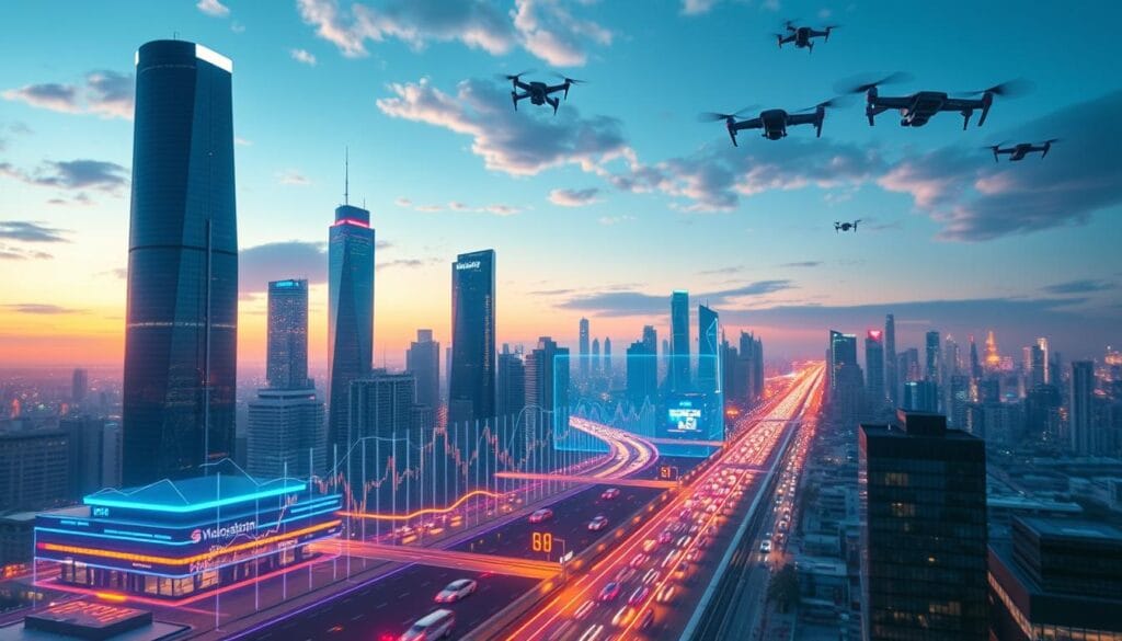 A stunning cityscape with futuristic skyscrapers bathed in a vibrant, neon-tinged glow. In the foreground, a sleek, holographic display presents a data visualization of financial trends, with lines and graphs pulsing with an AI-driven energy. In the background, a panoramic view of a bustling metropolis, where autonomous vehicles zip through the streets and drones flutter overhead. The scene conveys a sense of technological sophistication and innovation, perfectly capturing the key AI-driven wealth management trends of 2025.