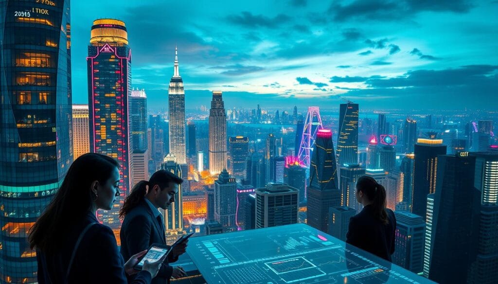 A stunning cityscape with towering skyscrapers bathed in a kaleidoscope of neon lights, reflecting the integration of blockchain and quantum computing in the financial sector. In the foreground, a group of diverse professionals navigates holographic interfaces, their faces illuminated by the glow of transparent displays. The middle ground showcases a futuristic trading floor, where algorithms powered by quantum processors execute lightning-fast transactions. In the background, a majestic skyline stretches towards the horizon, symbolizing the exponential growth and innovation driving sustainable wealth management in the year 2025.