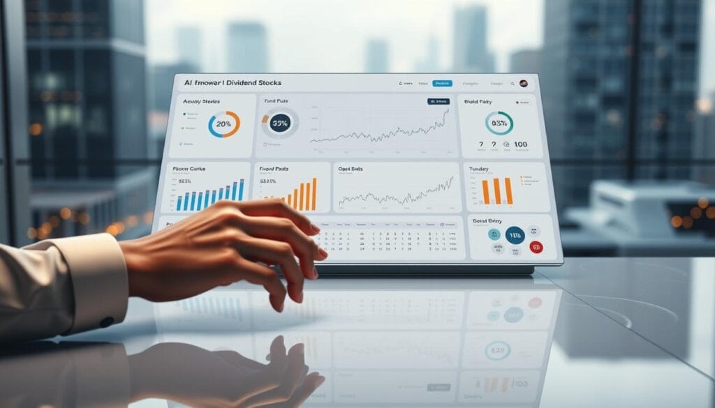 A stunning financial analysis dashboard hovers above a glossy table, showcasing a selection of thriving AI-powered dividend stocks. The dashboard's sleek, minimalist design features crisp data visualizations, clean typography, and a warm, cinematic lighting scheme. In the foreground, a pair of elegant, elegant hands manipulate the interactive controls, immersed in the in-depth financial insights. The background is a soft, blurred cityscape, hinting at the global reach and impact of these AI-driven investment opportunities. The overall scene conveys a sense of authority, innovation, and the promising future of AI-augmented passive income strategies. A stunning financial analysis dashboard hovers above a glossy table, showcasing a selection of thriving AI-powered dividend stocks. The dashboard's sleek, minimalist design features crisp data visualizations, clean typography, and a warm, cinematic lighting scheme. In the foreground, a pair of elegant, elegant hands manipulate the interactive controls, immersed in the in-depth financial insights. The background is a soft, blurred cityscape, hinting at the global reach and impact of these AI-driven investment opportunities. The overall scene conveys a sense of authority, innovation, and the promising future of AI-augmented passive income strategies.