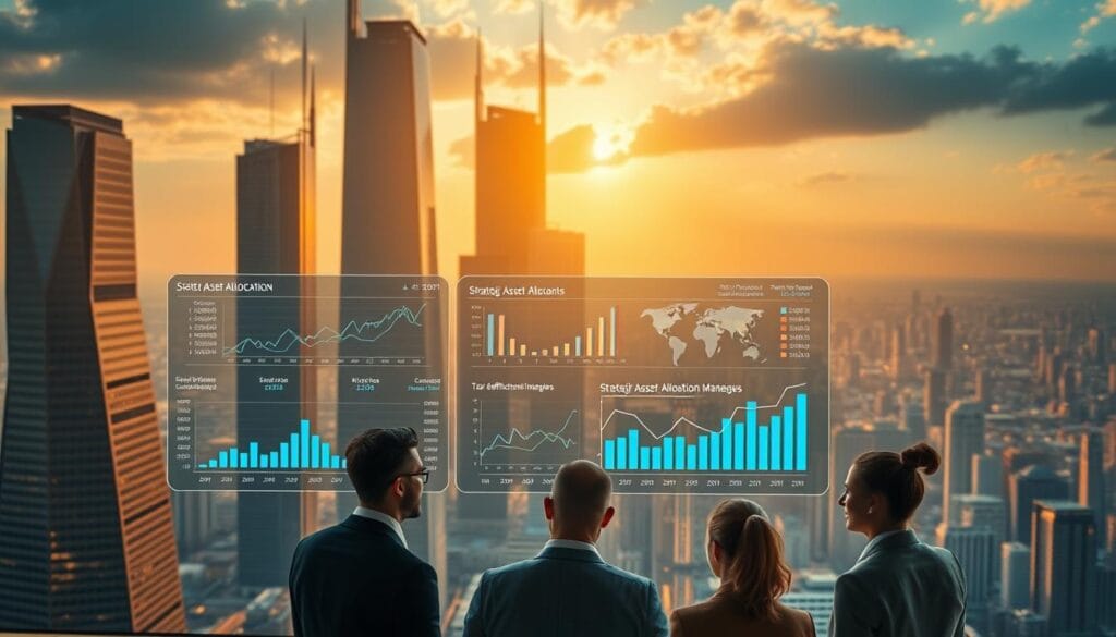 A stunning futuristic cityscape, its towering skyscrapers bathed in warm golden light. In the foreground, a sleek AI-powered financial dashboard hovers, displaying intricate graphs and projections of strategic asset allocation models. The middle ground features a group of business executives, their expressions focused as they review the dashboard's insights, guiding their tax-efficient investment decisions. In the background, a panoramic view reveals the bustling metropolis, hinting at the scale and complexity of the modern financial world. The scene conveys a sense of technological advancement, financial sophistication, and the synergy between human expertise and AI-driven investment strategies. A stunning futuristic cityscape, its towering skyscrapers bathed in warm golden light. In the foreground, a sleek AI-powered financial dashboard hovers, displaying intricate graphs and projections of strategic asset allocation models. The middle ground features a group of business executives, their expressions focused as they review the dashboard's insights, guiding their tax-efficient investment decisions. In the background, a panoramic view reveals the bustling metropolis, hinting at the scale and complexity of the modern financial world. The scene conveys a sense of technological advancement, financial sophistication, and the synergy between human expertise and AI-driven investment strategies.