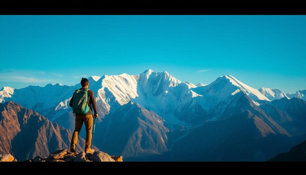 A stunning, wide-angle photograph of a snow-capped mountain range against a vibrant, azure sky. In the foreground, a hiker with a backpack stands on a rocky outcrop, gazing at the vast, rugged landscape before them. The lighting is soft and diffused, casting a warm, golden glow over the scene. The composition emphasizes the sense of scale and the adventurous, exploratory spirit of the hiker, conveying the essence of "adventure travel insurance coverage" and the protection it provides for those seeking outdoor exploration and experiences.