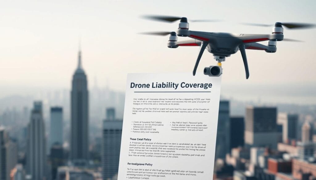 A stylized digital illustration depicting a drone hovering above a city skyline, with a focus on a prominent insurance policy document in the foreground. The document features a bold title "Drone Liability Coverage" and showcases key policy details in a clean, modern layout. The cityscape in the background is rendered in muted tones, creating a sense of depth and emphasizing the importance of the insurance document. The lighting is soft and diffused, illuminating the policy details and lending an air of professionalism and trust. The overall composition conveys the idea of comprehensive drone insurance coverage that provides peace of mind for hobbyist drone operators.