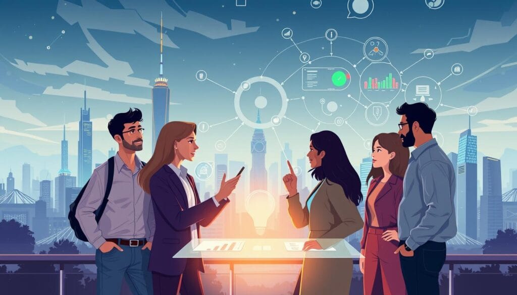 A stylized illustration showcasing AI adoption tools for small businesses in 2025. In the foreground, a diverse team of entrepreneurs confidently navigates a sleek, holographic user interface, accessing AI-powered financial planning and management features. The middle ground features a constellation of interconnected AI-driven analytics dashboards, providing real-time insights and recommendations. In the background, a vibrant cityscape with towering skyscrapers and a futuristic skyline sets the scene, conveying a sense of technological progress and innovation. The mood is one of optimism, efficiency, and empowerment, reflecting the transformative impact of AI adoption on small business finances.