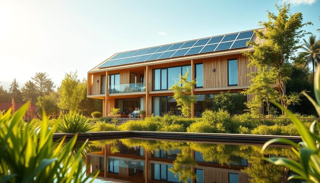 A sun-dappled, modern eco-friendly building nestled in a lush, verdant landscape. The structure features a sleek, minimalist design showcasing a harmonious blend of renewable materials - timber frames, bamboo siding, and solar panels seamlessly integrated into the rooftop. Expansive windows allow natural light to flood the interiors, creating a warm, inviting atmosphere. In the foreground, a tranquil reflecting pool mirrors the building's architectural lines, while a variety of native plants and trees surround the structure, blurring the boundaries between the manmade and the natural. An atmosphere of sustainable, mindful living permeates the scene, capturing the essence of eco-friendly senior communities. A sun-dappled, modern eco-friendly building nestled in a lush, verdant landscape. The structure features a sleek, minimalist design showcasing a harmonious blend of renewable materials - timber frames, bamboo siding, and solar panels seamlessly integrated into the rooftop. Expansive windows allow natural light to flood the interiors, creating a warm, inviting atmosphere. In the foreground, a tranquil reflecting pool mirrors the building's architectural lines, while a variety of native plants and trees surround the structure, blurring the boundaries between the manmade and the natural. An atmosphere of sustainable, mindful living permeates the scene, capturing the essence of eco-friendly senior communities.