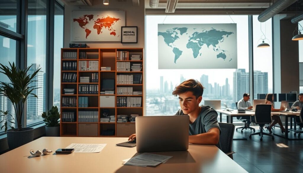 A sun-drenched office space with a large window overlooking a bustling city skyline. In the foreground, a young remote worker sits at a sleek, minimalist desk, laptop open and brows furrowed in concentration. On the desk, a mobile phone, a pair of wireless earbuds, and several documents with the words "Global Remote Work Insurance" visible. In the middle ground, a tall bookshelf filled with medical volumes and insurance policy files stands against the wall. A world map hangs above it, highlighting the interconnected nature of modern work and travel. The background features a modern, open-concept office layout, with other remote workers collaborating at shared workspaces. Warm, diffused lighting casts a soft glow, creating a productive and comfortable atmosphere. A sun-drenched office space with a large window overlooking a bustling city skyline. In the foreground, a young remote worker sits at a sleek, minimalist desk, laptop open and brows furrowed in concentration. On the desk, a mobile phone, a pair of wireless earbuds, and several documents with the words "Global Remote Work Insurance" visible. In the middle ground, a tall bookshelf filled with medical volumes and insurance policy files stands against the wall. A world map hangs above it, highlighting the interconnected nature of modern work and travel. The background features a modern, open-concept office layout, with other remote workers collaborating at shared workspaces. Warm, diffused lighting casts a soft glow, creating a productive and comfortable atmosphere.
