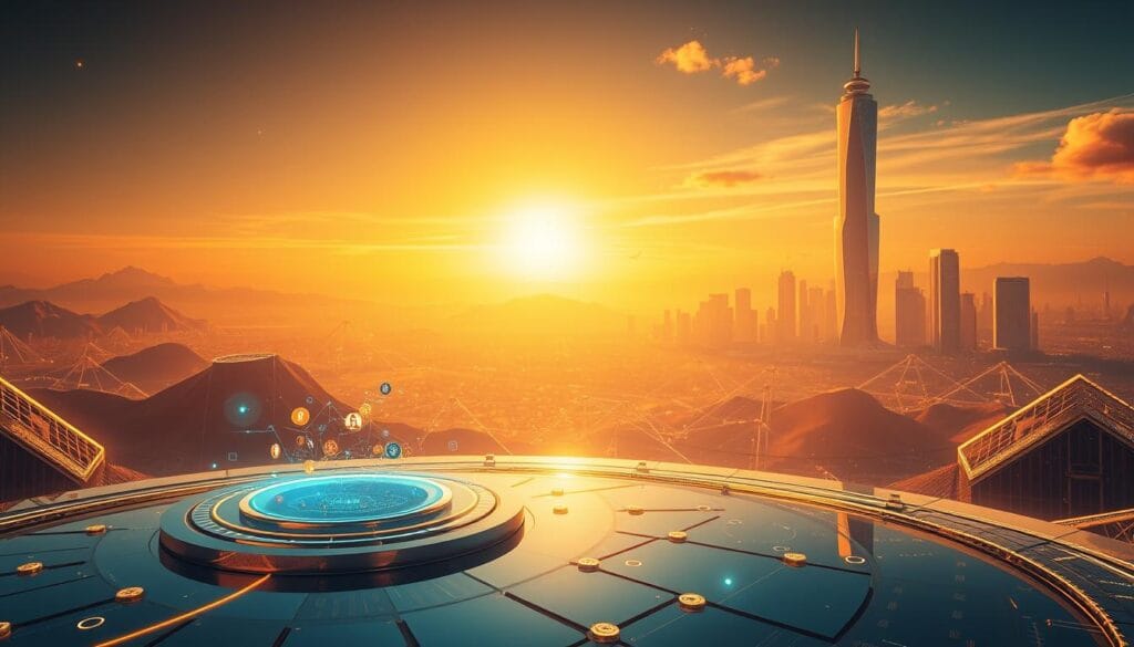 A sweeping landscape of a futuristic DeFi lending platform, bathed in a warm, golden glow. In the foreground, a sleek, holographic interface hovers above a gleaming, chrome platform, where digital tokens and cryptocurrencies flow effortlessly. In the middle ground, a network of interconnected nodes and data streams pulsate with energy, representing the decentralized nature of the lending ecosystem. In the distance, a towering, crystalline skyscraper rises, symbolizing the evolution and growth of the DeFi lending industry. The scene is infused with a sense of technological advancement, financial innovation, and a vision of a seamless, automated future for lending and borrowing. A sweeping landscape of a futuristic DeFi lending platform, bathed in a warm, golden glow. In the foreground, a sleek, holographic interface hovers above a gleaming, chrome platform, where digital tokens and cryptocurrencies flow effortlessly. In the middle ground, a network of interconnected nodes and data streams pulsate with energy, representing the decentralized nature of the lending ecosystem. In the distance, a towering, crystalline skyscraper rises, symbolizing the evolution and growth of the DeFi lending industry. The scene is infused with a sense of technological advancement, financial innovation, and a vision of a seamless, automated future for lending and borrowing.