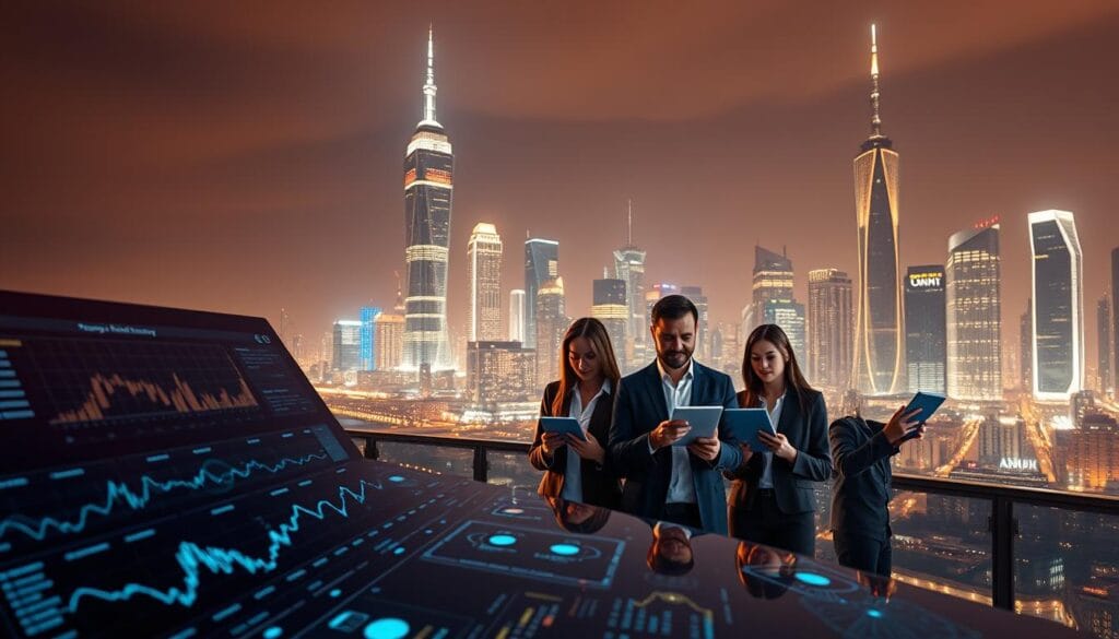 A sweeping panoramic view of the evolving financial advisory landscape. In the foreground, a sleek digital dashboard with holographic interfaces, representing the rise of robo-advisory services. In the middle ground, a group of experienced financial advisors, their faces illuminated by the glow of their tablets and laptops, symbolizing the adaptation of traditional human advisory practices. In the background, a towering cityscape with gleaming skyscrapers, hinting at the technological advancements and changing consumer demands shaping the future of the industry. The scene is bathed in a warm, futuristic lighting, conveying a sense of progress and the seamless integration of human and machine-driven financial guidance.
