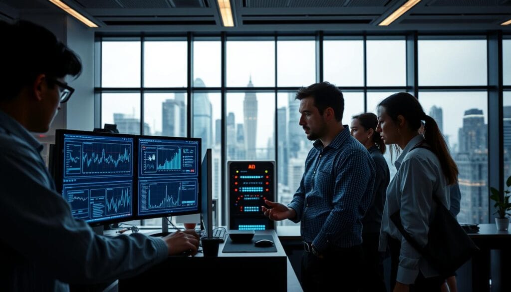 A team of data scientists and risk analysts collaborate in a modern, well-lit office. In the foreground, they pore over intricate charts and graphs displayed on several high-resolution monitors. In the middle ground, a sleek AI server hums quietly, its blinking lights symbolizing the processing power that powers the risk management algorithms. In the background, floor-to-ceiling windows offer a panoramic view of a bustling financial district, reflecting the fast-paced, data-driven nature of the work. The atmosphere is one of focused intensity, as the team works to identify and mitigate potential risks that could impact the organization's financial resilience. A team of data scientists and risk analysts collaborate in a modern, well-lit office. In the foreground, they pore over intricate charts and graphs displayed on several high-resolution monitors. In the middle ground, a sleek AI server hums quietly, its blinking lights symbolizing the processing power that powers the risk management algorithms. In the background, floor-to-ceiling windows offer a panoramic view of a bustling financial district, reflecting the fast-paced, data-driven nature of the work. The atmosphere is one of focused intensity, as the team works to identify and mitigate potential risks that could impact the organization's financial resilience.