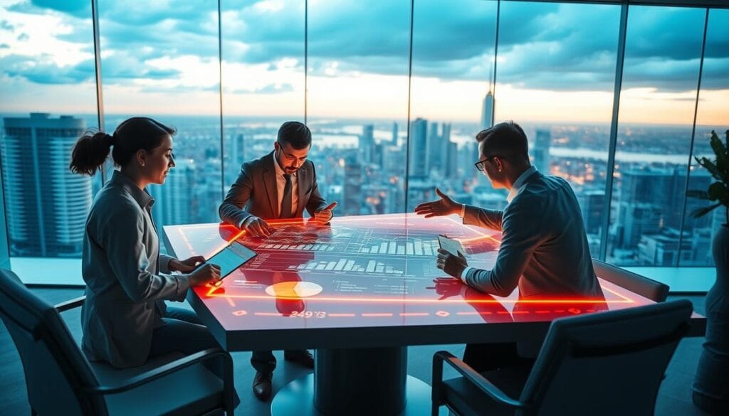 A team of financial experts poring over digital financial projections on a large holographic display, bathed in a warm, inviting glow. In the foreground, an AI assistant offers insights and recommendations, its interface hovering above the table. The middle ground features sleek, futuristic office furniture and decor, while the background showcases a panoramic view of a bustling, high-tech financial district. The scene conveys a sense of innovation, collaboration, and the seamless integration of human and artificial intelligence in modern financial planning. A team of financial experts poring over digital financial projections on a large holographic display, bathed in a warm, inviting glow. In the foreground, an AI assistant offers insights and recommendations, its interface hovering above the table. The middle ground features sleek, futuristic office furniture and decor, while the background showcases a panoramic view of a bustling, high-tech financial district. The scene conveys a sense of innovation, collaboration, and the seamless integration of human and artificial intelligence in modern financial planning.