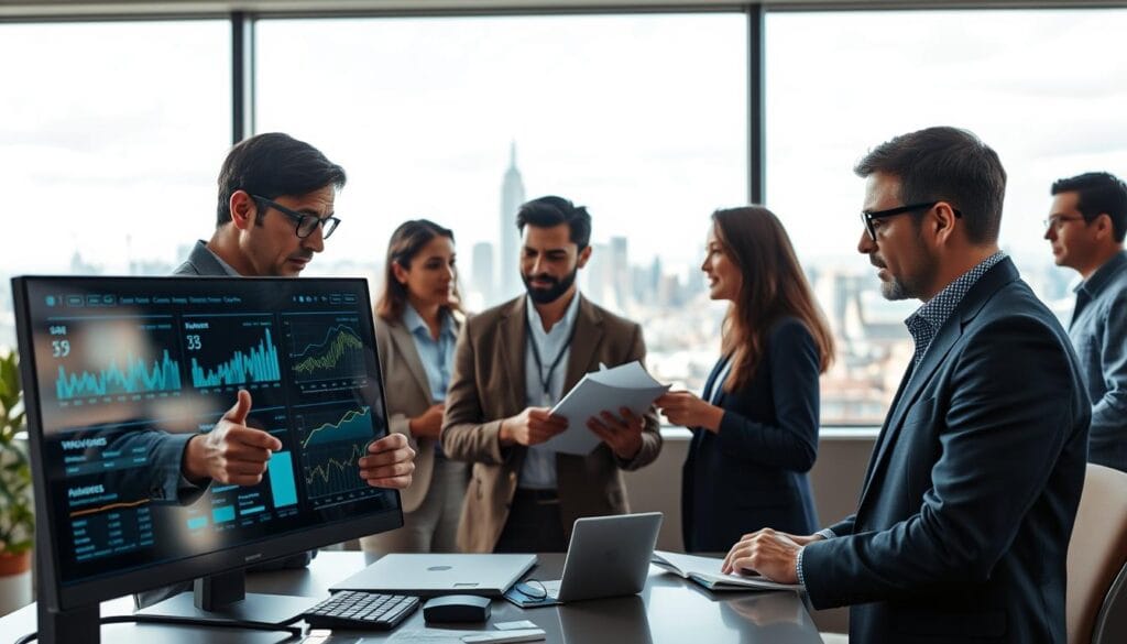 A team of human analysts and AI-powered credit risk assessment tools collaborating in a modern, well-lit office space. In the foreground, a financial expert reviews data points on a sleek, high-resolution display, while an intelligent algorithm runs intricate calculations in the background. The middle ground features a diverse group of colleagues engaged in lively discussion, sharing insights and debating strategies. The background showcases a panoramic city skyline, reflecting the dynamic, forward-thinking nature of this integrated approach to credit analysis. The overall mood is one of productive synergy, as human expertise seamlessly blends with machine learning capabilities to revolutionize the lending industry. A team of human analysts and AI-powered credit risk assessment tools collaborating in a modern, well-lit office space. In the foreground, a financial expert reviews data points on a sleek, high-resolution display, while an intelligent algorithm runs intricate calculations in the background. The middle ground features a diverse group of colleagues engaged in lively discussion, sharing insights and debating strategies. The background showcases a panoramic city skyline, reflecting the dynamic, forward-thinking nature of this integrated approach to credit analysis. The overall mood is one of productive synergy, as human expertise seamlessly blends with machine learning capabilities to revolutionize the lending industry.
