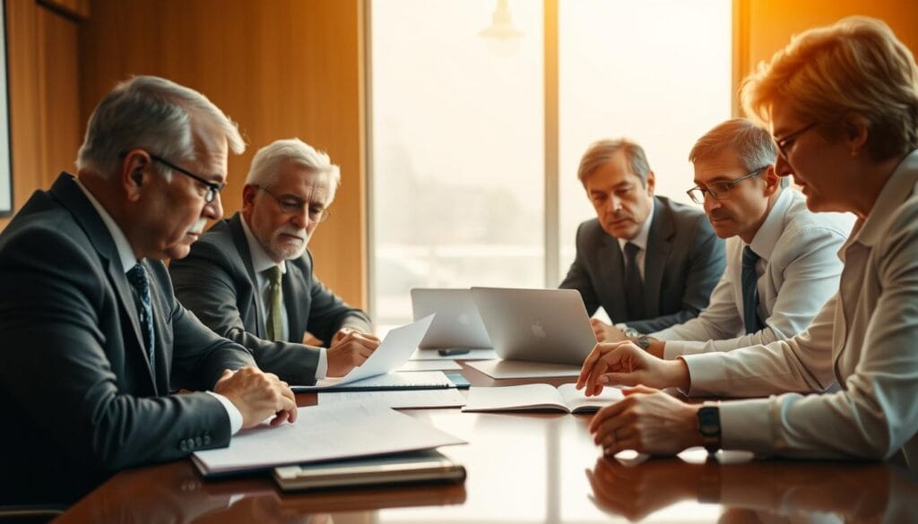A team of mature, experienced human financial advisors sitting around a boardroom table, deep in discussion. Warm, natural lighting floods the room, casting a soft glow on their serious, contemplative expressions. The advisors, dressed in tailored suits, lean forward intently, papers and laptops before them, as they collaborate on complex financial strategies to benefit their clients. The background is blurred, emphasizing the focus and expertise of the advisors. A sense of trust, reliability, and personalized attention emanates from the scene, highlighting the unique value that human financial guidance can provide.
