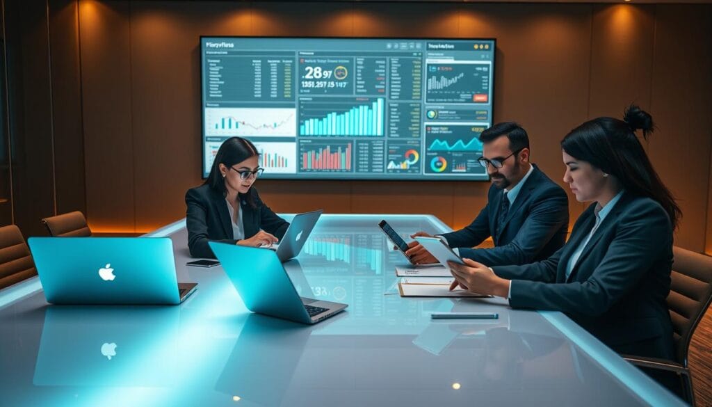 A team of professional financial advisors sit at a sleek, modern desk, engaging with digital tablets and laptops. The advisors are smartly dressed in business attire, their expressions focused as they review financial data and plan strategies. The desk is illuminated by warm, directional lighting, casting subtle shadows and highlighting the state-of-the-art technology in use. Behind the advisors, a large, high-resolution display screen showcases a range of financial analytics and investment portfolio details. The overall scene conveys a sense of expertise, innovation, and a commitment to providing personalized, data-driven financial guidance. A team of professional financial advisors sit at a sleek, modern desk, engaging with digital tablets and laptops. The advisors are smartly dressed in business attire, their expressions focused as they review financial data and plan strategies. The desk is illuminated by warm, directional lighting, casting subtle shadows and highlighting the state-of-the-art technology in use. Behind the advisors, a large, high-resolution display screen showcases a range of financial analytics and investment portfolio details. The overall scene conveys a sense of expertise, innovation, and a commitment to providing personalized, data-driven financial guidance.