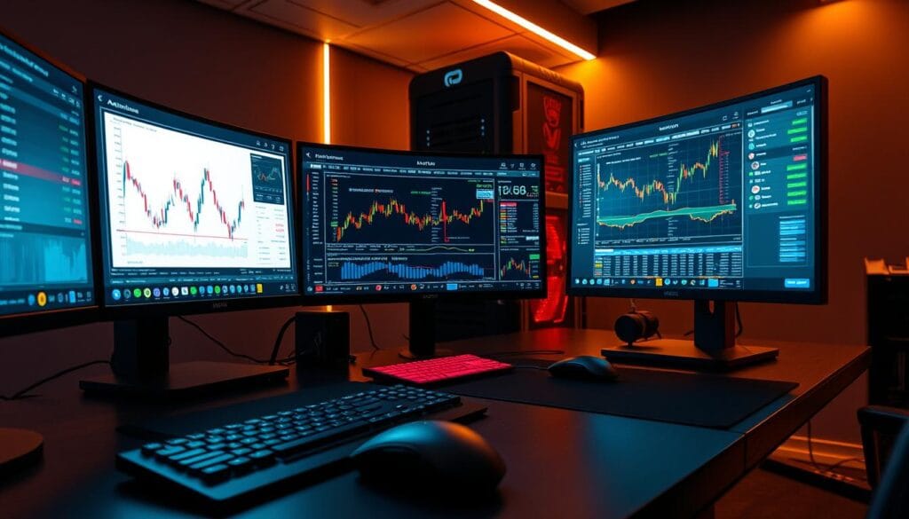 A technologically advanced trading desk with multiple displays showcasing real-time market data, automated trading algorithms, and customizable trading features. The setup is lit by a warm, ambient glow, creating a focused and productive atmosphere. In the foreground, sleek input devices and a high-end gaming mouse allow for precise control. The middle ground features a trio of curved, ultra-wide monitors displaying complex charts, technical indicators, and trading bots in action. In the background, a sophisticated server tower hums quietly, processing massive amounts of data to power the automated trading system. The overall scene conveys a sense of cutting-edge technology, efficiency, and the future of cryptocurrency trading.
