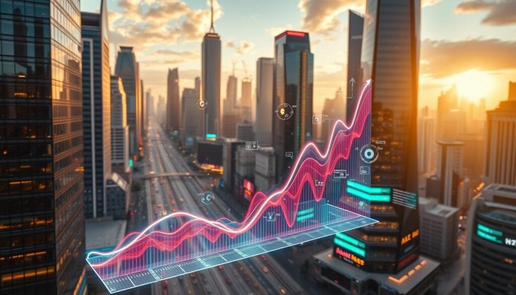 A thriving, futuristic cityscape with gleaming skyscrapers and bustling streets. In the foreground, a large holographic graph displays exponential growth curves in vibrant hues, representing the dynamic rise of AI-driven financial markets. Swirling data streams and sleek user interfaces hover in the air, reflecting the seamless integration of advanced analytics and personalized investment strategies. The scene is bathed in a warm, golden light, conveying a sense of optimism and technological progress. Cinematic camera angles and a cinematic depth of field draw the viewer's attention to the innovative, AI-powered finance landscape of the future.