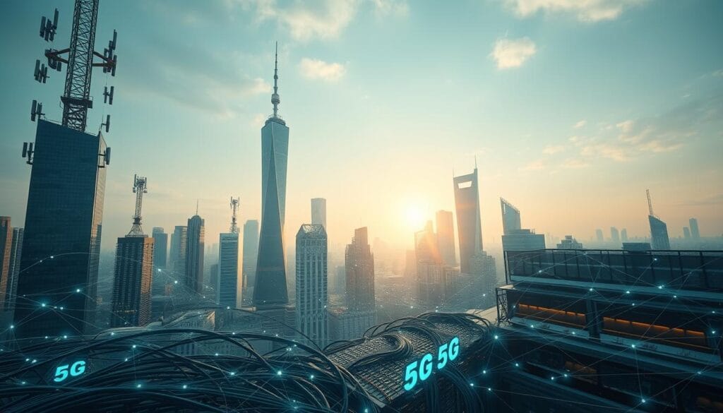 A towering cityscape enveloped in a shimmering 5G network. Sleek, futuristic cell towers rise against a backdrop of gleaming skyscrapers, their antennas radiating a web of digital connectivity. In the foreground, a tangle of fiber-optic cables and server racks hum with the pulse of data, powering the financial transactions that flow through the city. The scene is bathed in a cool, ethereal light, evoking a sense of technological progress and innovation. Captured through the lens of a wide-angle camera, the image conveys the transformative power of 5G, poised to revolutionize the world of finance.