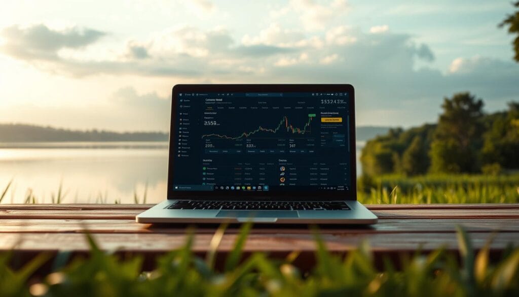 A tranquil scene of a laptop resting on a wooden desk, surrounded by a lush, green landscape. The screen displays a cryptocurrency trading interface, with various options and staking opportunities. Soft, diffused lighting illuminates the scene, creating a warm and inviting atmosphere. In the background, a serene lake reflects the gentle movement of clouds across the sky, symbolizing the passive, effortless nature of the income-generating strategies. The overall composition conveys a sense of financial security and the promise of a prosperous future in the evolving world of cryptocurrency.