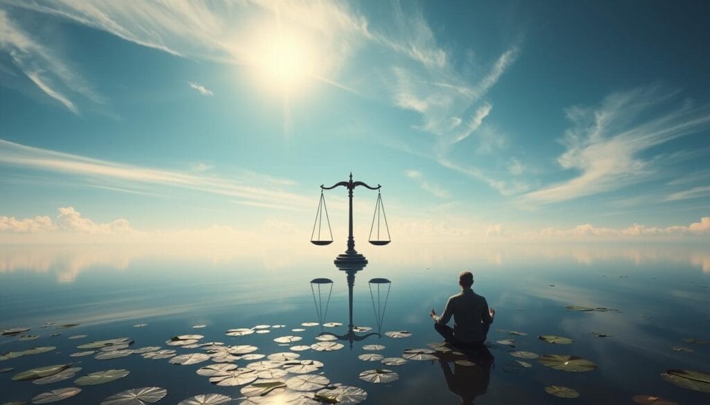 A tranquil scene of a serene pond, its glassy surface reflecting the lush greenery and azure sky above. In the center, a pair of balanced scales, representing the delicate equilibrium between financial gains and social responsibility. Sunlight filters through wispy clouds, casting a warm, contemplative glow on the tableau. In the foreground, a lone figure meditates, symbolizing the thoughtful approach to impact investing. The background hinted at by the distant horizon, suggesting the far-reaching implications of one's financial decisions. Captured with a wide-angle lens to convey a sense of expansive potential and interconnectedness. A tranquil scene of a serene pond, its glassy surface reflecting the lush greenery and azure sky above. In the center, a pair of balanced scales, representing the delicate equilibrium between financial gains and social responsibility. Sunlight filters through wispy clouds, casting a warm, contemplative glow on the tableau. In the foreground, a lone figure meditates, symbolizing the thoughtful approach to impact investing. The background hinted at by the distant horizon, suggesting the far-reaching implications of one's financial decisions. Captured with a wide-angle lens to convey a sense of expansive potential and interconnectedness.