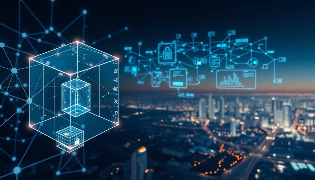A transparent and secure transaction tracking system, displaying a three-dimensional blockchain network with glowing nodes and interconnected pathways. In the foreground, a magnified view of a single transaction, represented by a translucent cube, showcasing the flow of digital assets. The middle ground features a complex web of financial data, visualized as holographic graphs and charts, providing real-time insights. The background depicts a serene, futuristic cityscape, symbolizing the integration of blockchain technology into the urban landscape. Subtle lighting and a minimalist color palette create a sleek, high-tech aesthetic, conveying the efficiency and trust of this blockchain-powered trade finance solution.