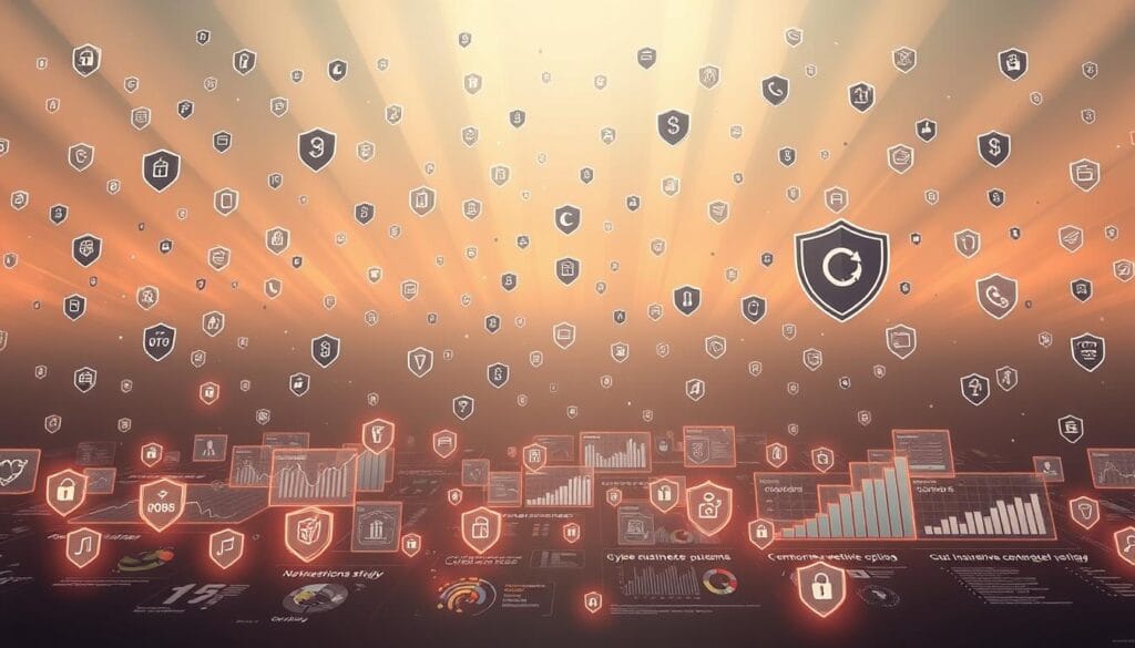 A vast array of digital shields and security icons float in a sleek, minimalist digital landscape. Beams of soft, warm light illuminate the scene, casting a sense of protection and reassurance. In the foreground, a cluster of dynamic graphs, charts, and data visualizations depict the comprehensive coverage options available, allowing the viewer to intuitively grasp the depth and breadth of the cyber insurance policies. The background is a subtle, subdued gradient, keeping the focus on the key information without distractions. The overall composition conveys a sense of technological sophistication, reliability, and the peace of mind that comes with robust cyber protection for small businesses.