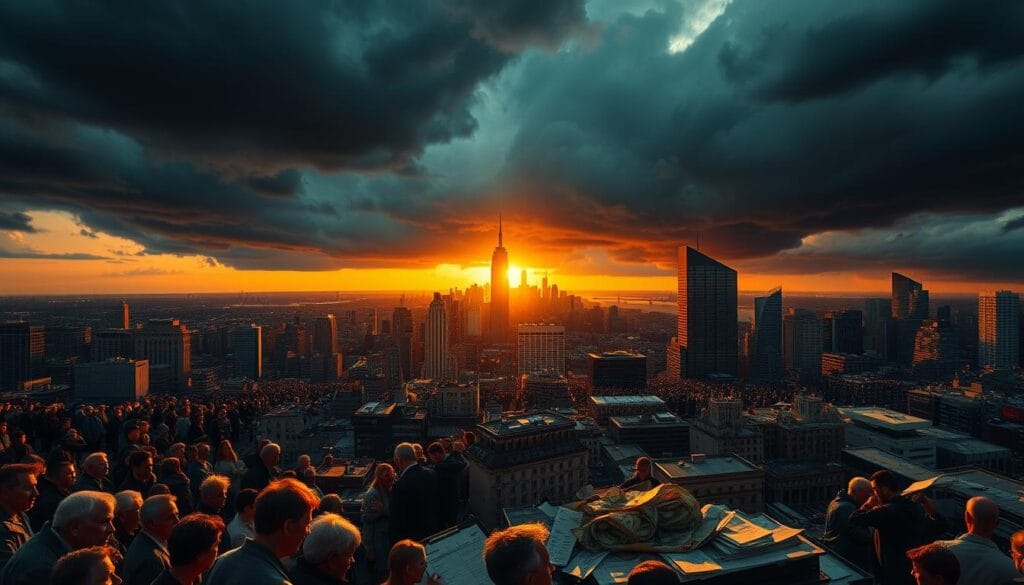 A vast cityscape stretches out, its skyscrapers casting long shadows as the sun dips low on the horizon. In the foreground, a tangle of figures - individuals, families, businesses - all grappling with the weight of mounting debt, their expressions etched with worry and strain. The middle ground is a maze of financial ledgers, bills, and loan documents, symbolizing the complex web of financial obligations dragging the populace down. In the background, dark storm clouds loom, hinting at the looming economic uncertainty and the threat of a full-blown crisis. Harsh, directional lighting casts dramatic shadows, heightening the sense of gloom and despair. A Cinematic, documentary-style composition captures the gravity of America's debt crisis in striking visual terms.