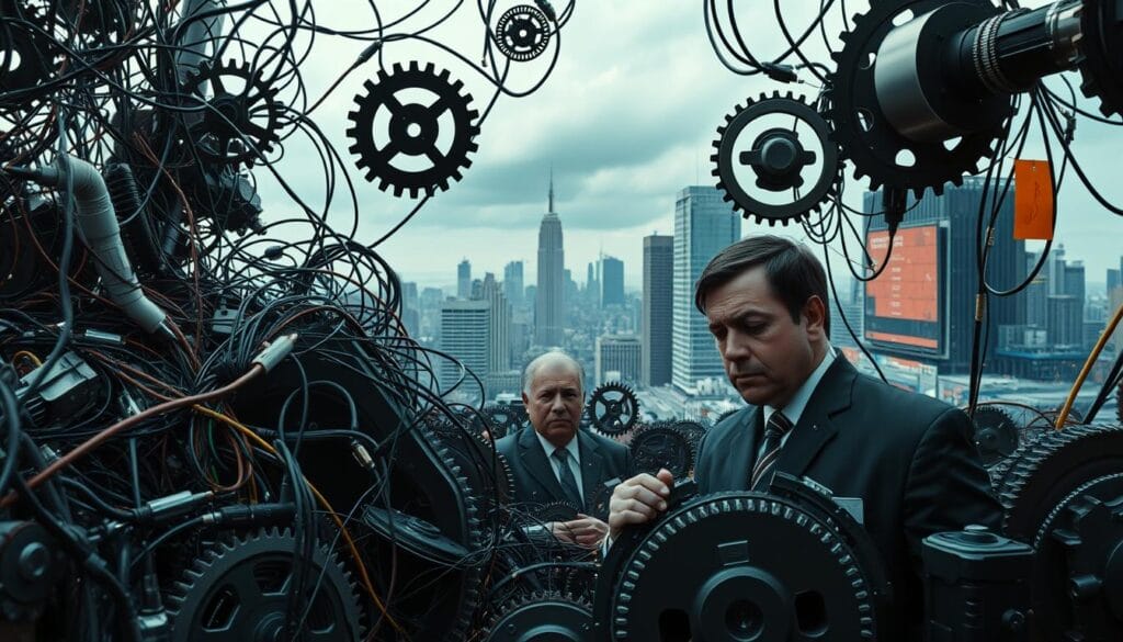 A vast, complex financial system in disarray, with gears and cogs struggling to integrate the latest AI technology. In the foreground, a jumble of wires, circuits, and data streams intertwine, representing the challenges of seamlessly merging artificial intelligence into established financial infrastructure. The middle ground features troubled bankers and analysts, brows furrowed as they navigate the obstacles of AI implementation. In the distant background, a cityscape of towering skyscrapers and bustling streets, symbolizing the high-stakes, fast-paced world of modern finance. The lighting is harsh, casting dramatic shadows and highlighting the tension and uncertainty of this technological transition. Captured with a wide-angle lens to convey the scale and magnitude of the challenge at hand. A vast, complex financial system in disarray, with gears and cogs struggling to integrate the latest AI technology. In the foreground, a jumble of wires, circuits, and data streams intertwine, representing the challenges of seamlessly merging artificial intelligence into established financial infrastructure. The middle ground features troubled bankers and analysts, brows furrowed as they navigate the obstacles of AI implementation. In the distant background, a cityscape of towering skyscrapers and bustling streets, symbolizing the high-stakes, fast-paced world of modern finance. The lighting is harsh, casting dramatic shadows and highlighting the tension and uncertainty of this technological transition. Captured with a wide-angle lens to convey the scale and magnitude of the challenge at hand.